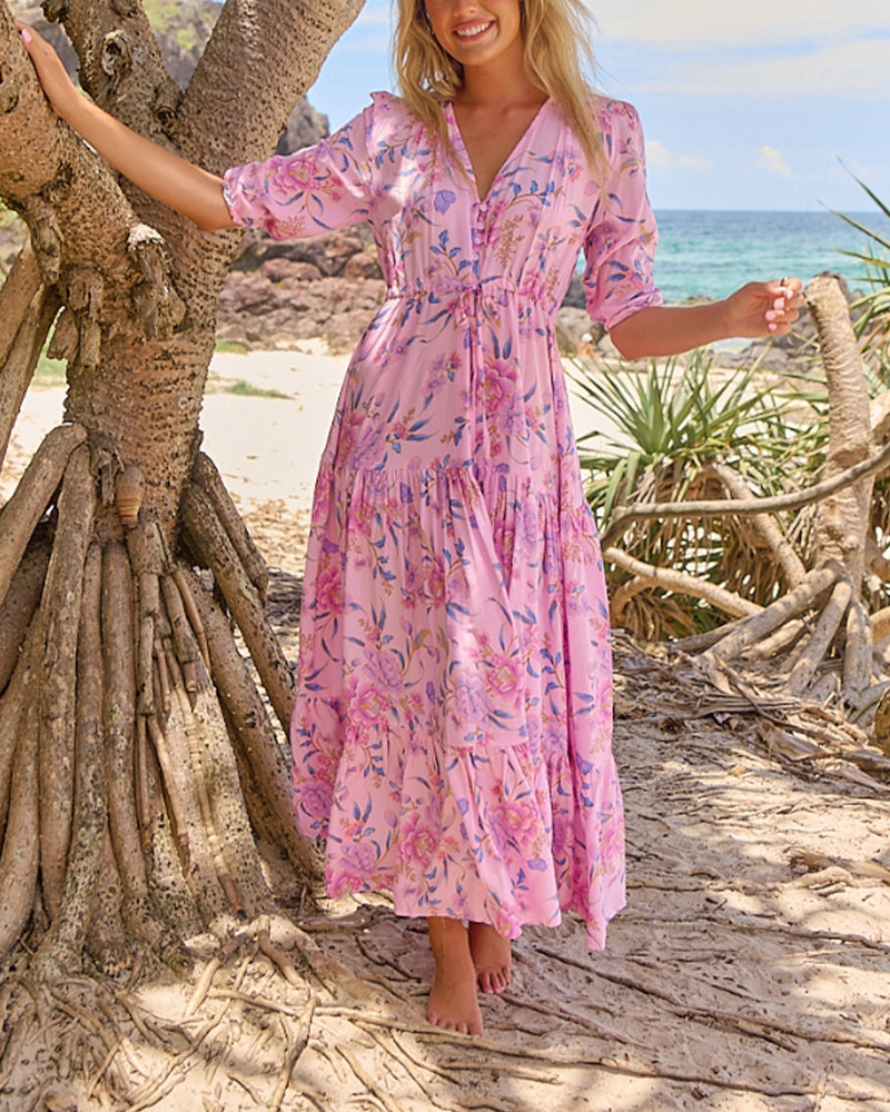 V-Neck Floral Short-Sleeve Dress