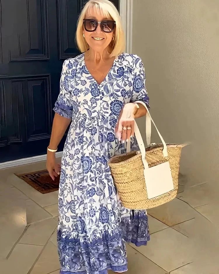 V-Neck Long Sleeve Boho Dress