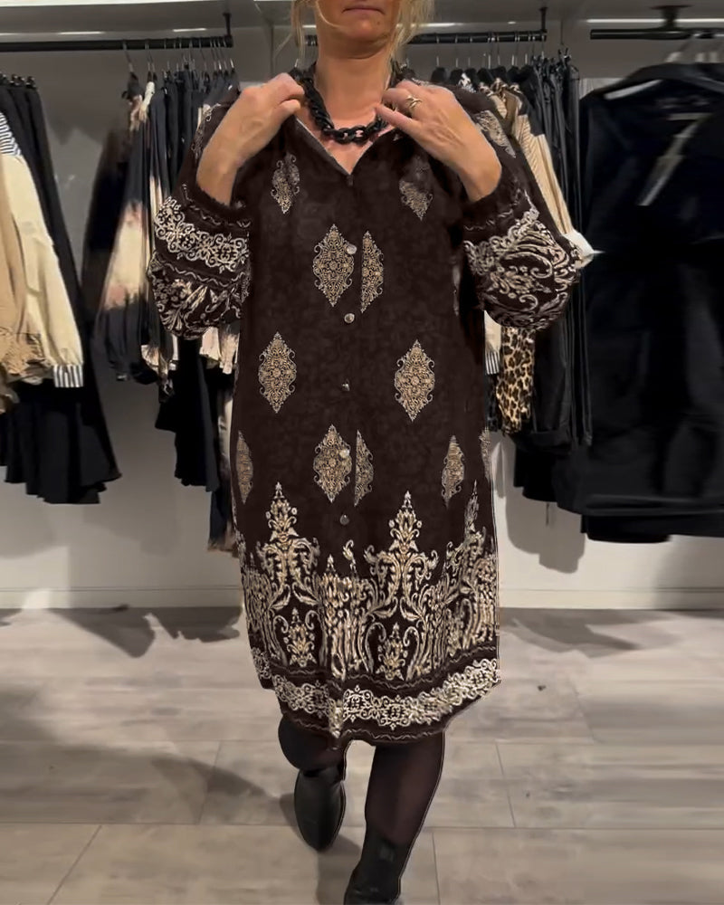Lapel Button Down Vintage Print Dress