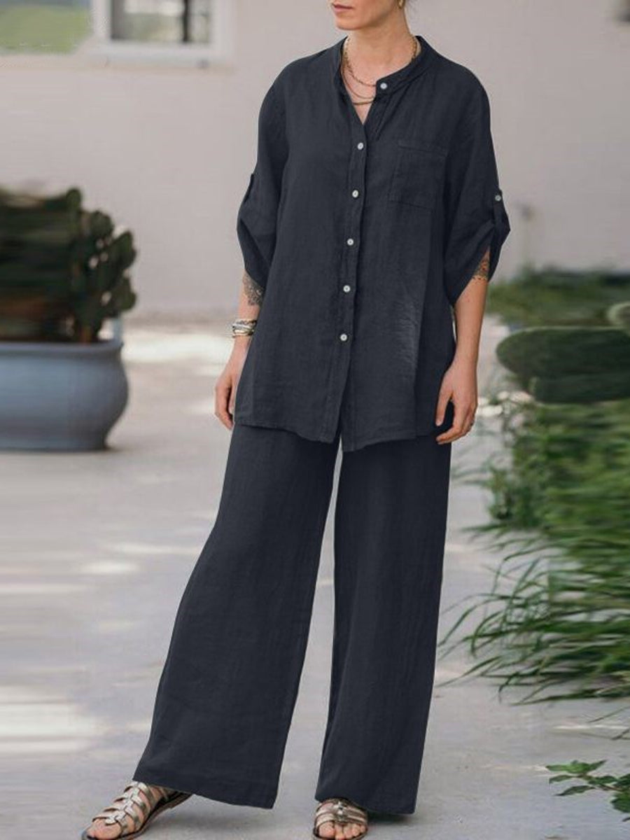 Long Sleeve Shirt Top Pants Two Piece-Set