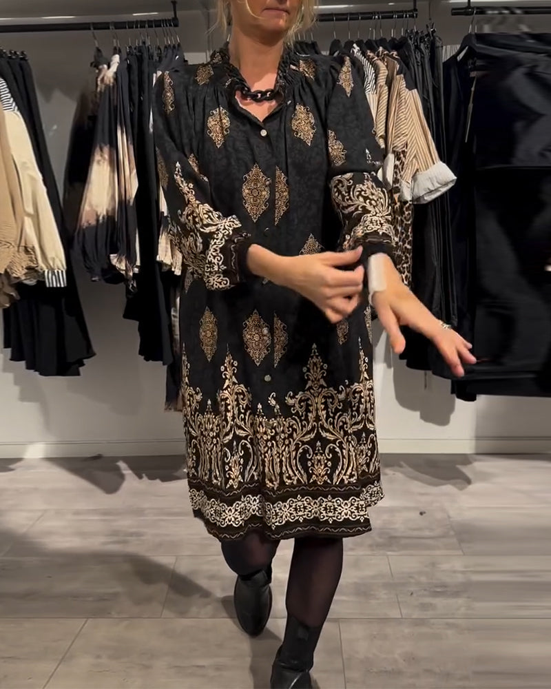 Lapel Button Down Vintage Print Dress