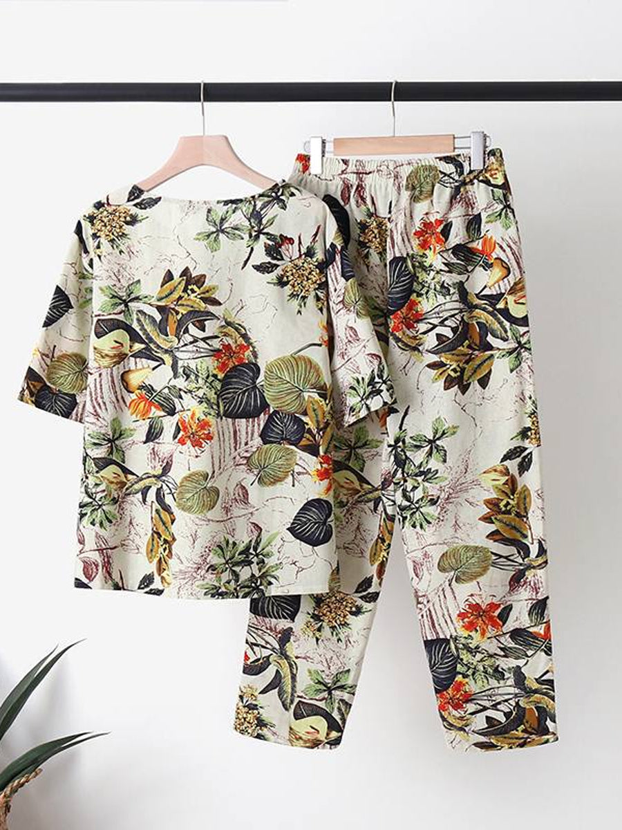 Floral Print Round Neck Two-Piece Set