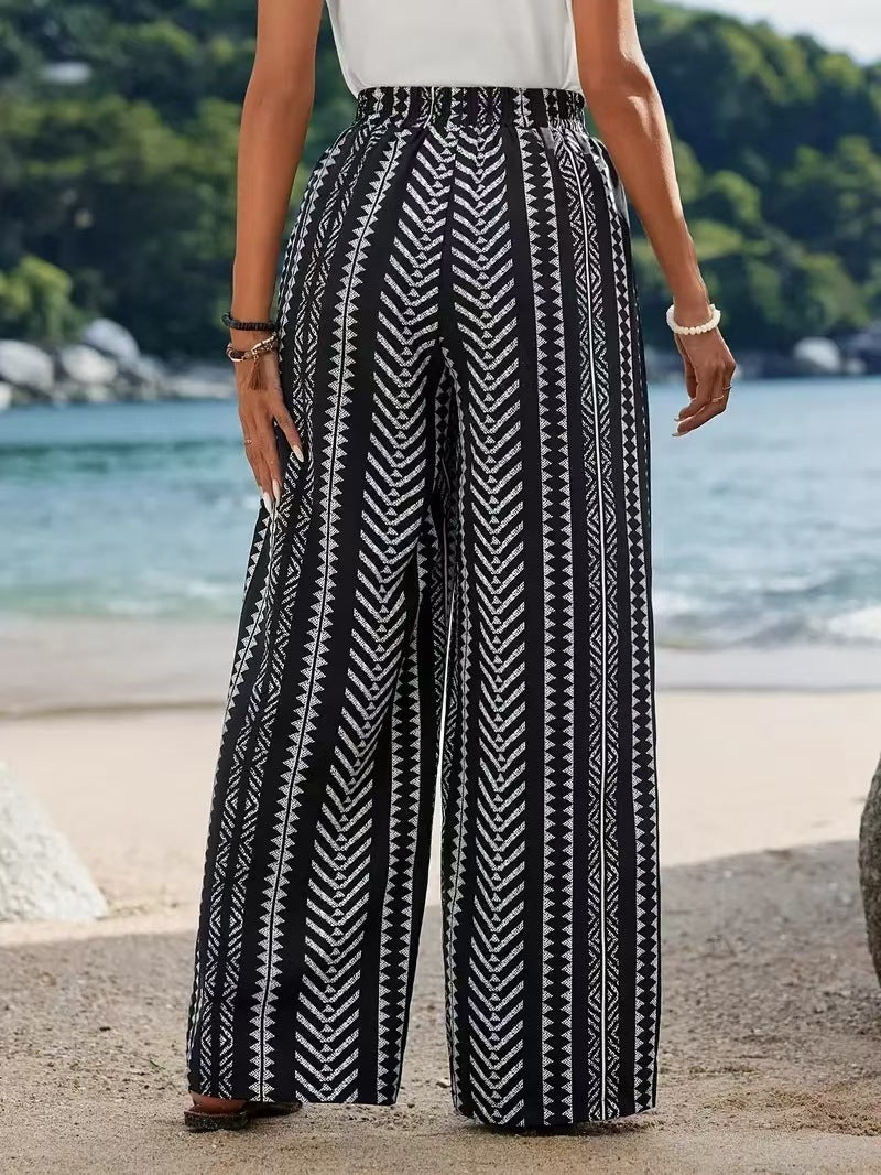 Geometric Print Elastic Straight Pants