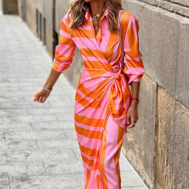 Striped Print Long Shirt Dress