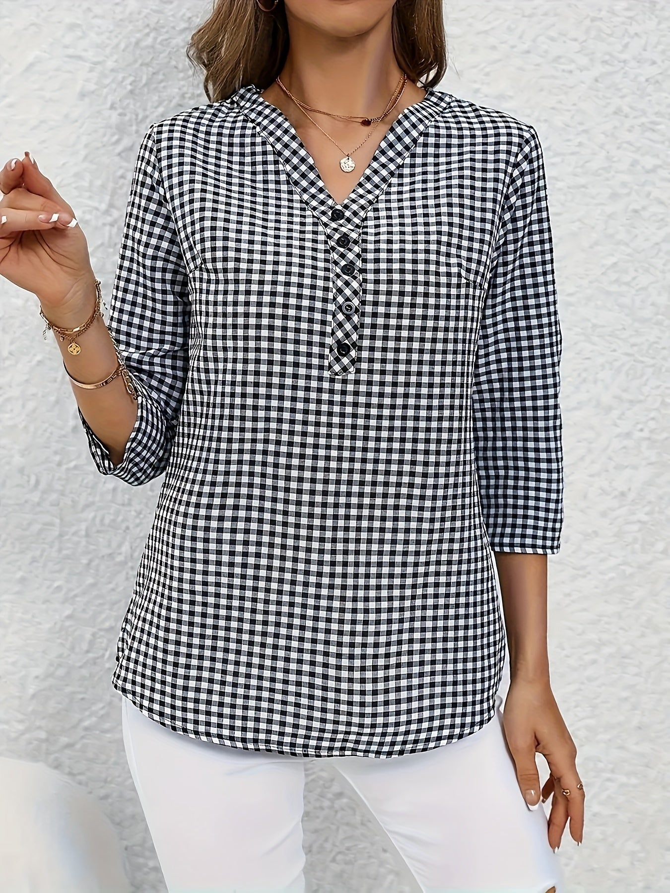 Elegant V-Neck Plaid Blouse