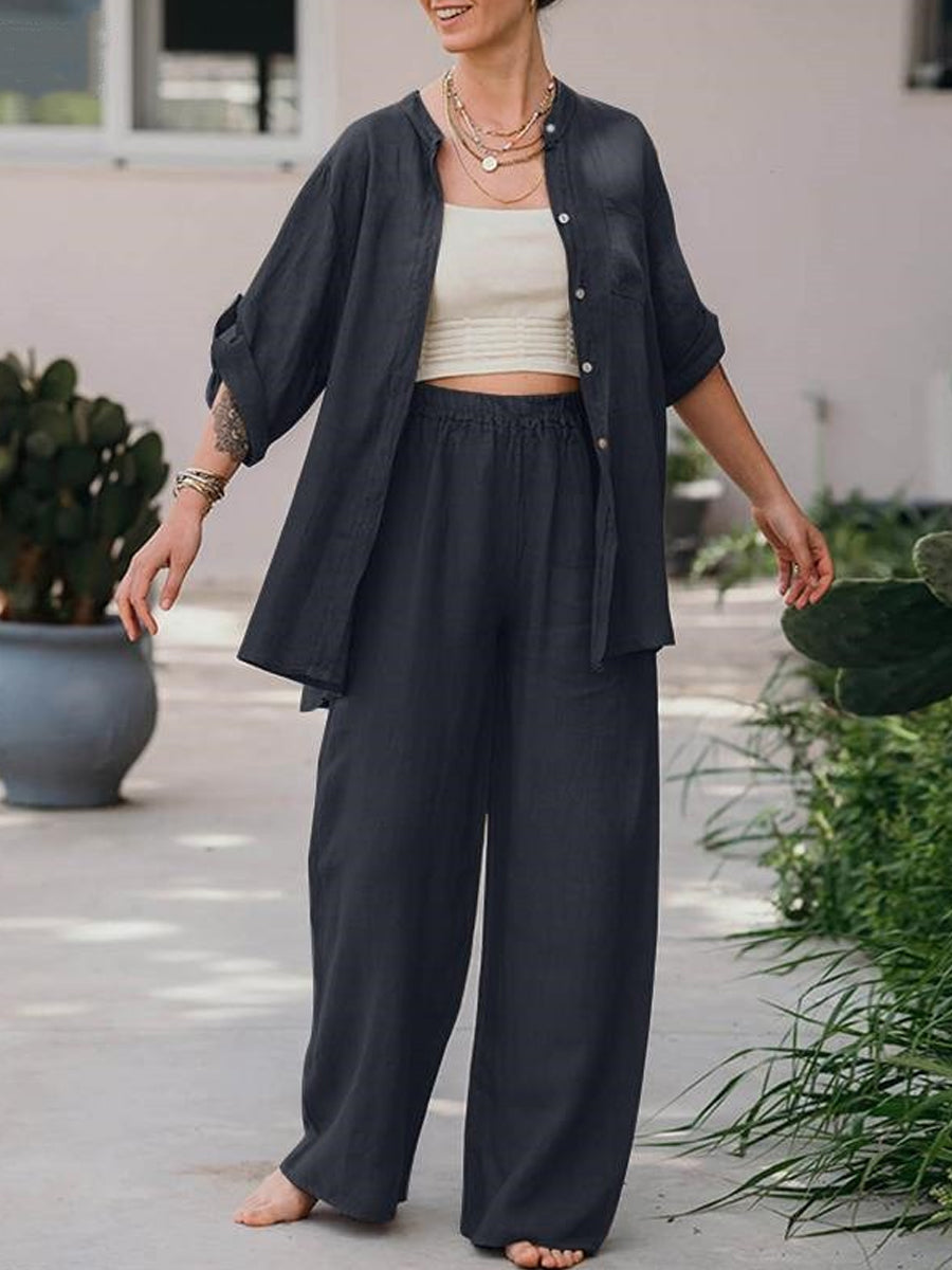 Long Sleeve Shirt Top Pants Two Piece-Set