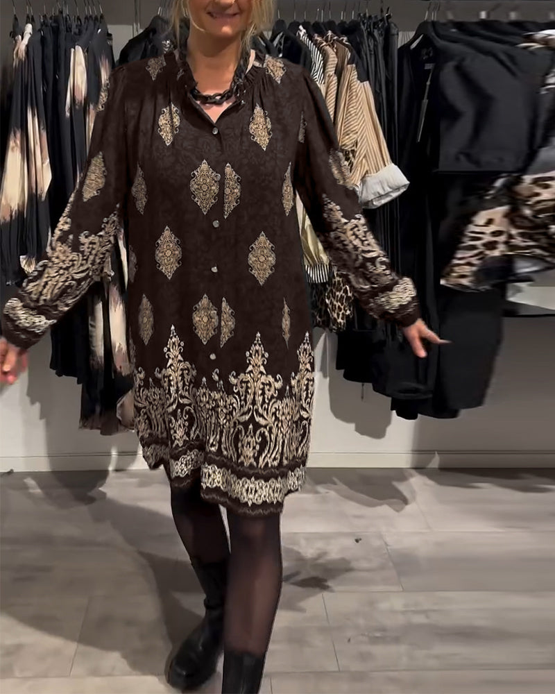 Lapel Button Down Vintage Print Dress