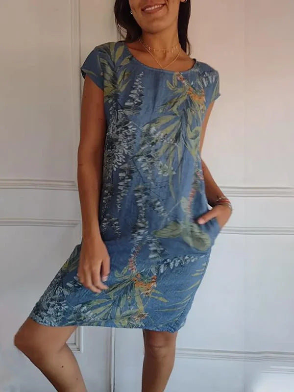 Short Sleeve Printed Pocket Crew Dress
