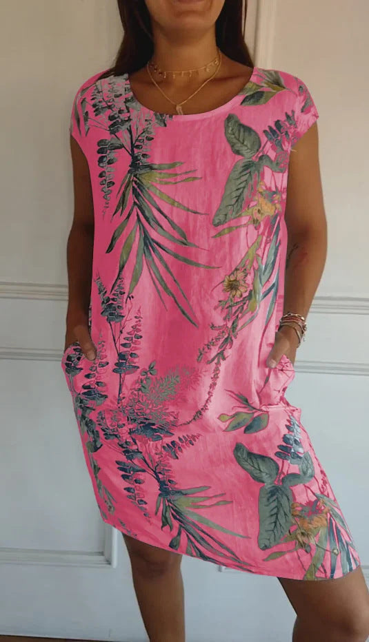 Short Sleeve Printed Pocket Crew Dress