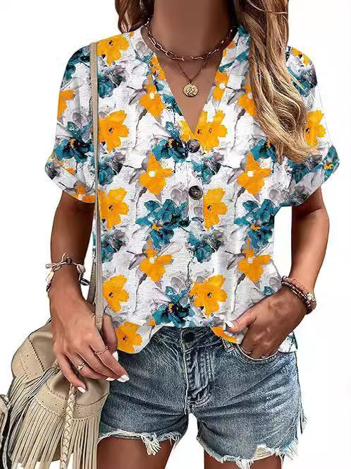 Printed V-Neck Button Stylish Blouse