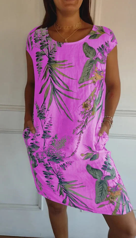 Short Sleeve Printed Pocket Crew Dress