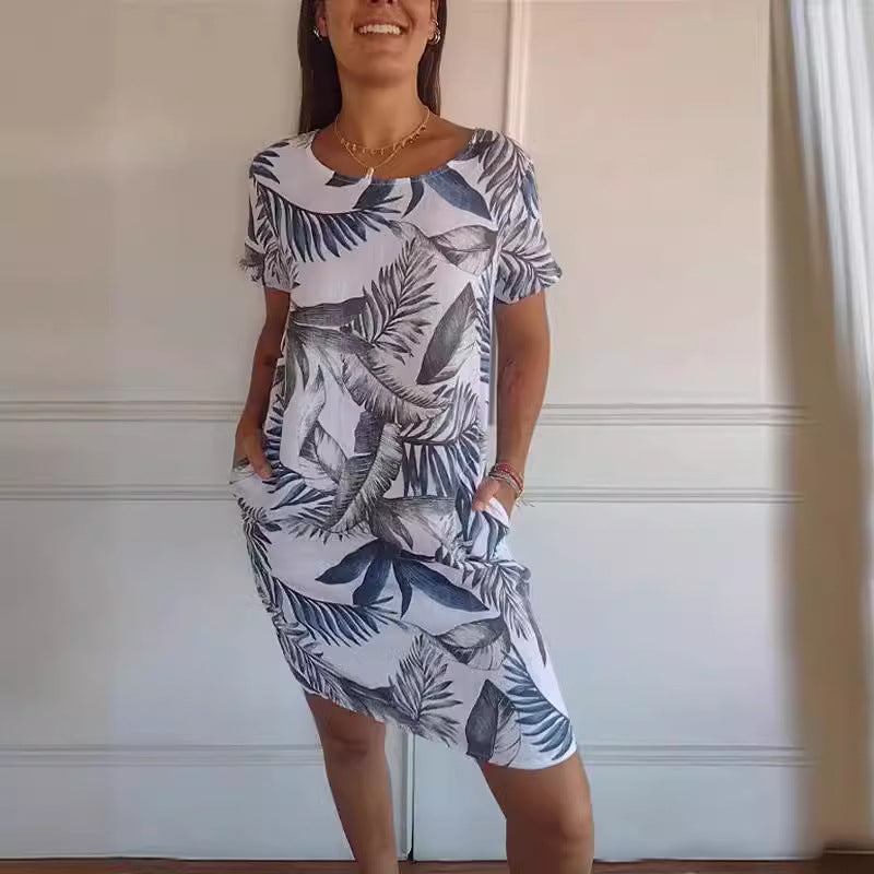 Short Sleeve Printed Pocket Crew Dress