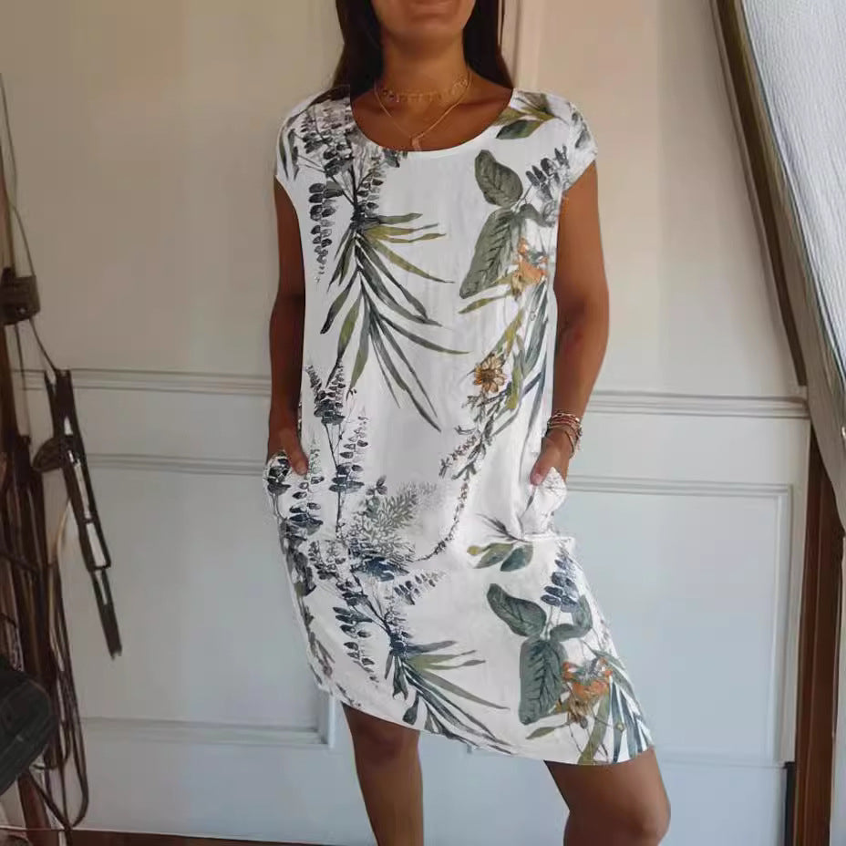 Short Sleeve Printed Pocket Crew Dress