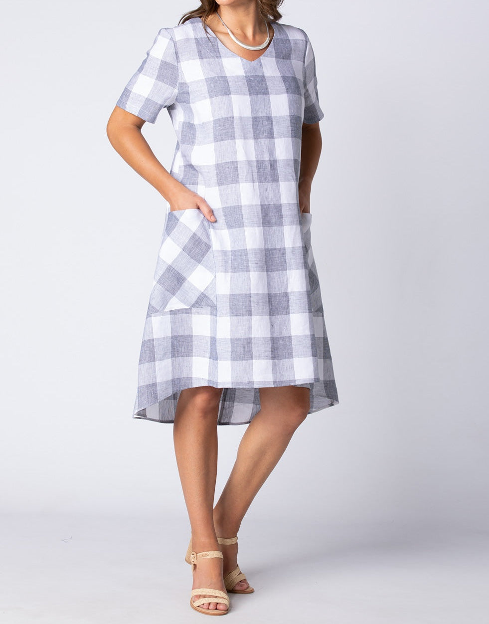 Floaty Check Dress in Soft White Fabric